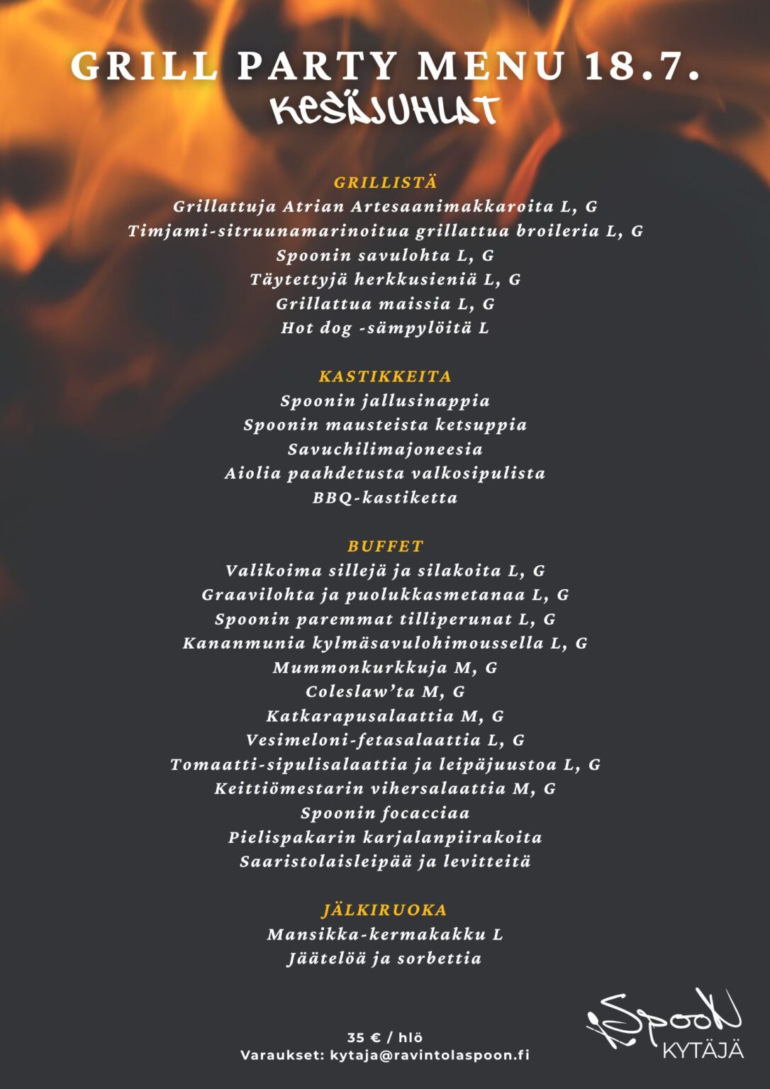 Spoon Kytäjän Grillibileiden menu 18.7.2026