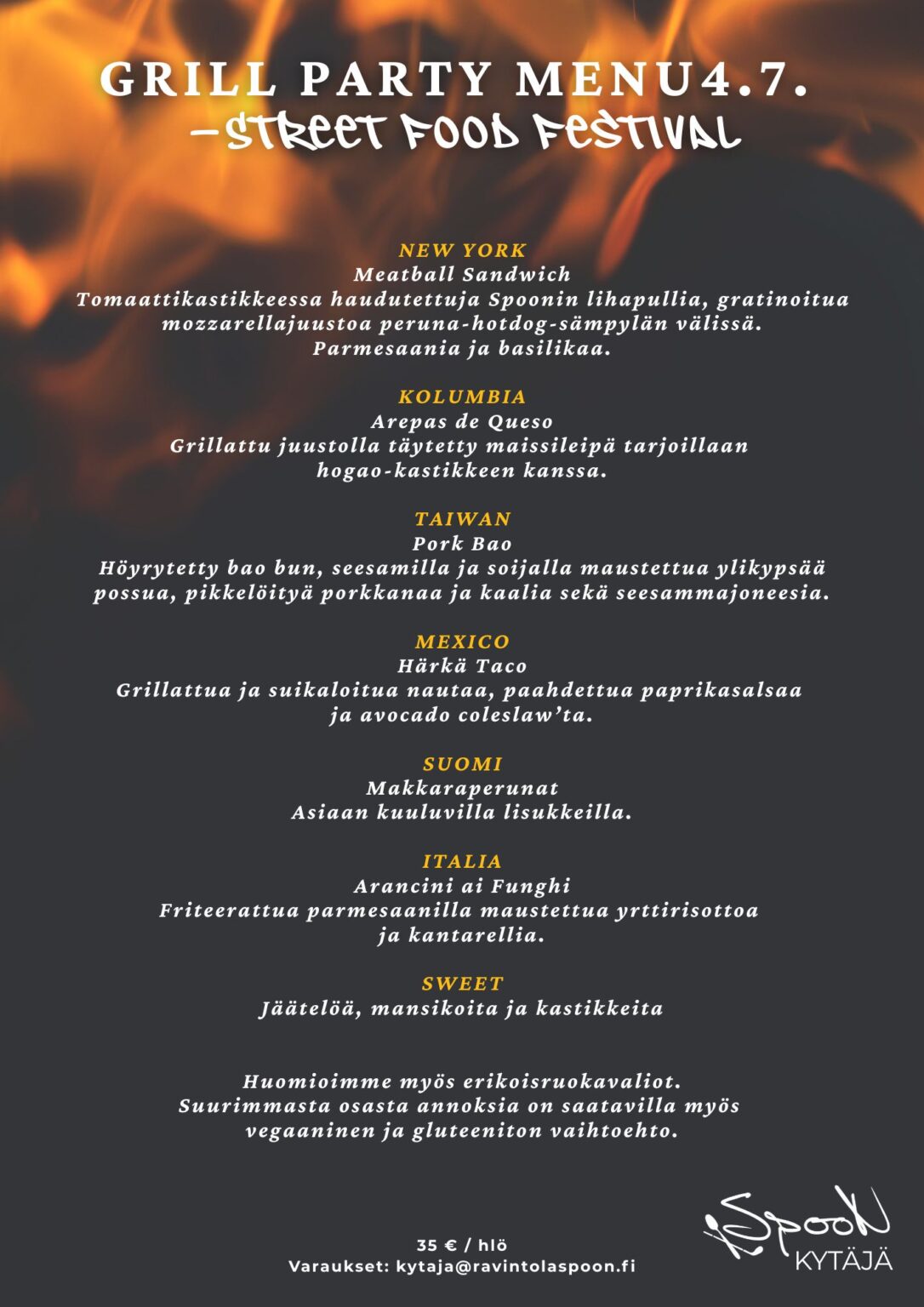 Spoon Kytäjän Grillibileiden menu 4.7.2026