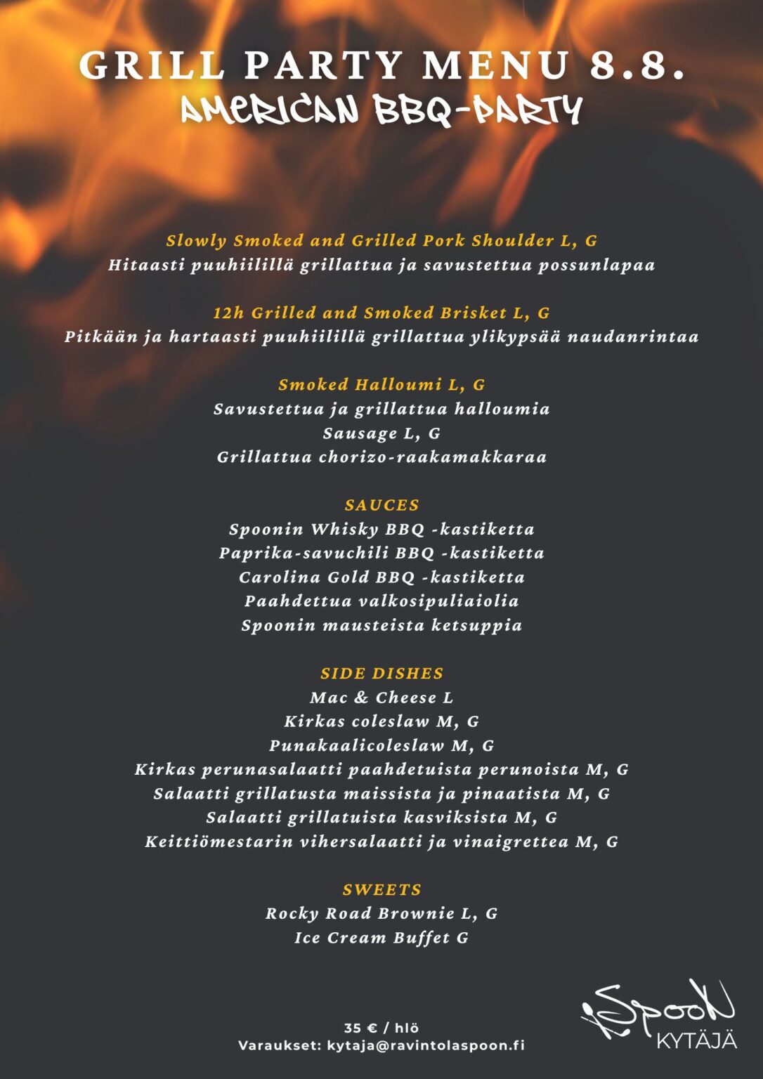 Spoon Kytäjän Grillibileiden menu 8.8.2026